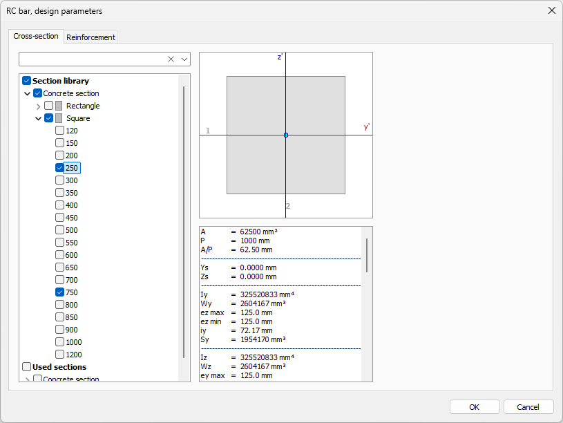 Bar reinforcement parameters cross section