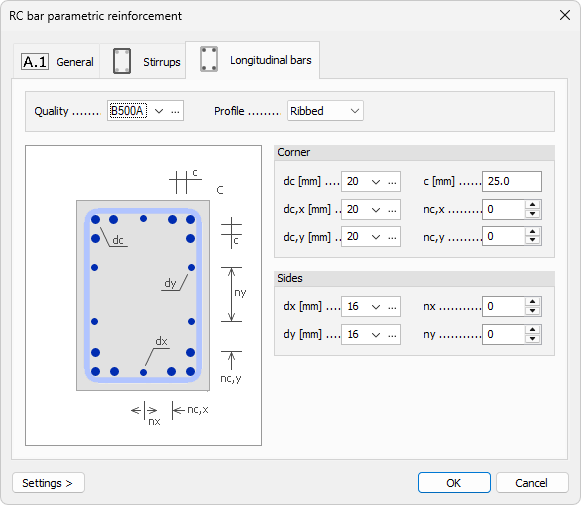 Default settings dialogue longitudinal bars