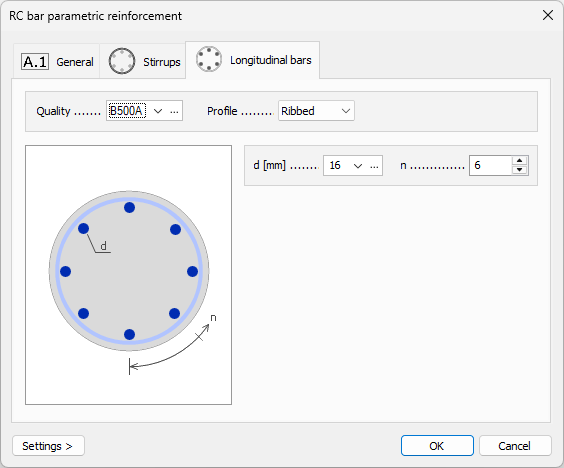 Default settings dialogue longitudinal bars for circular bars