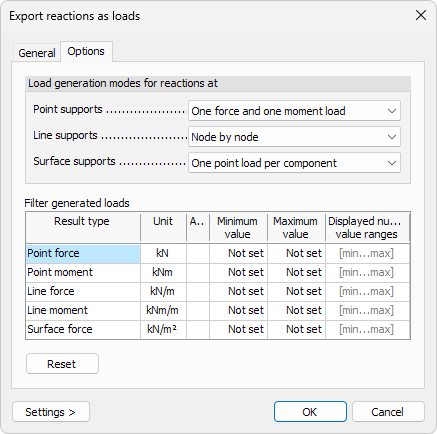 Export reactions as loads – Options tab