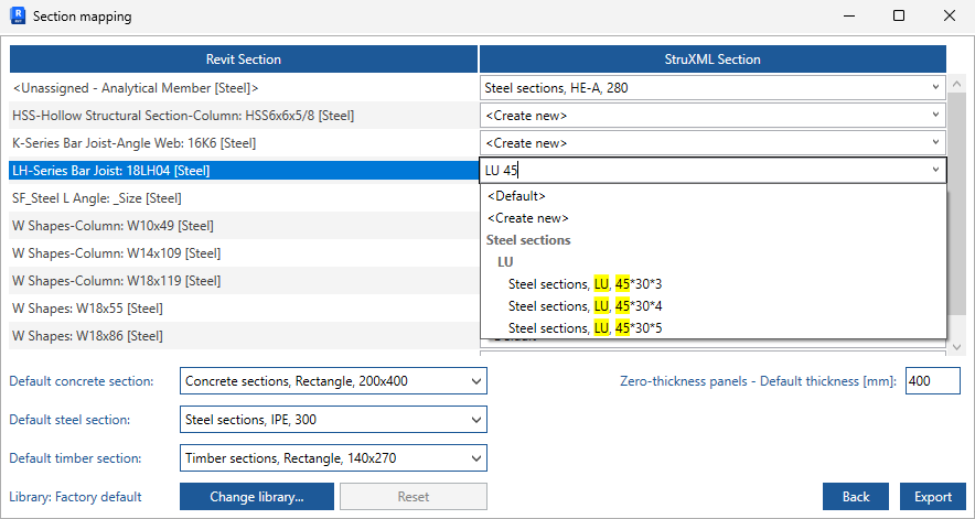 Export StruXML dialog's Section mapping tab in Revit