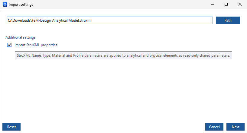 Import StruXML dialog in Revit