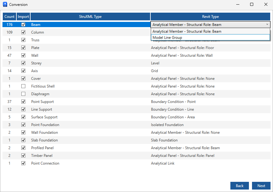 Import StruXML dialog's Conversion tab in Revit