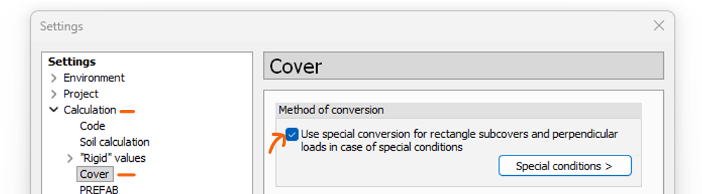 Settings > Calculation > Cover, with special conversion for rectangle subcovers enabled