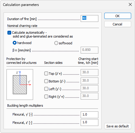 Calculation parameters dialogue for timber bar, fire design