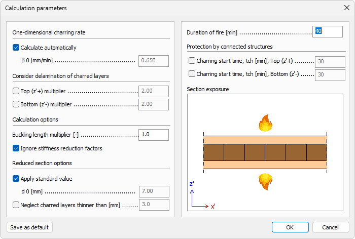 Calculation parameters dialogue for CLT panel, fire design