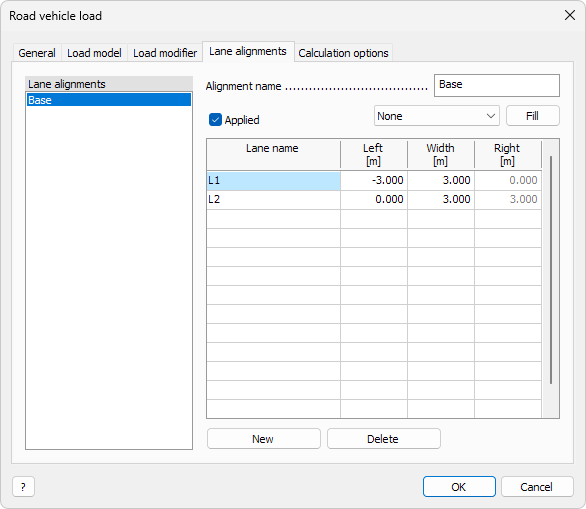 Traffic load Default settings Lane alignments tab