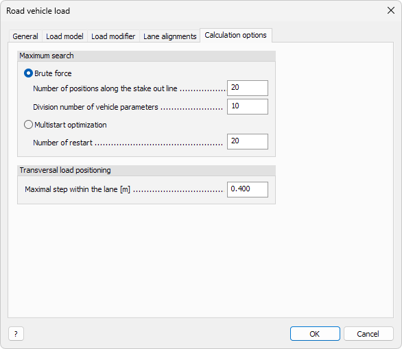Traffic load Default settings Calculation options tab