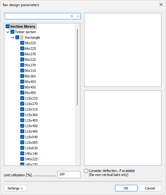 Calculation parameters dialogue for timber bar