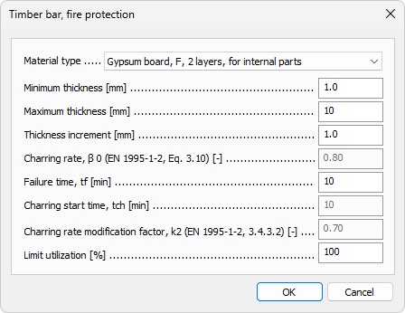 Calculation parameters dialogue for timber bar, fire design