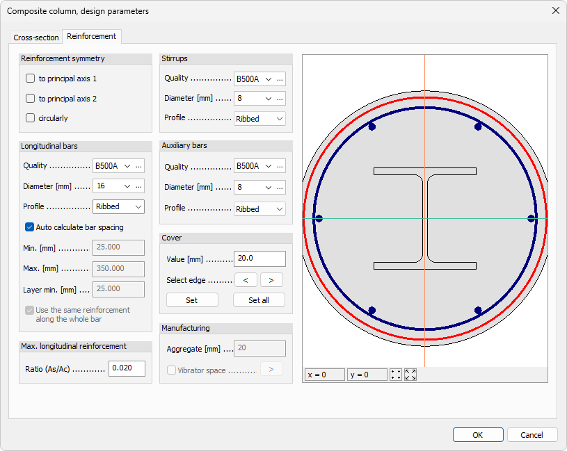 Composite column parameters, reinforcement tab