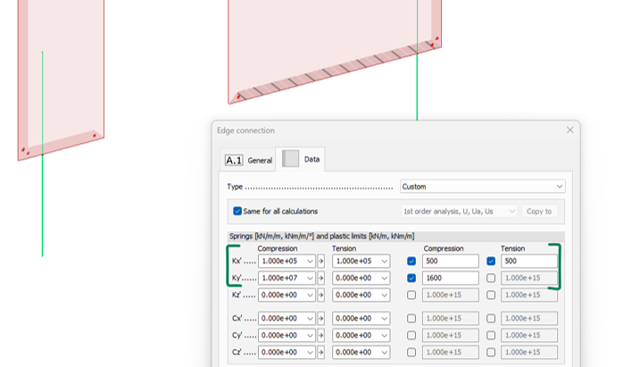 Edge connection dialog with plastic limits for Kx' and Ky'