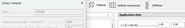 Library material dialog with fck and gamma c highlighted