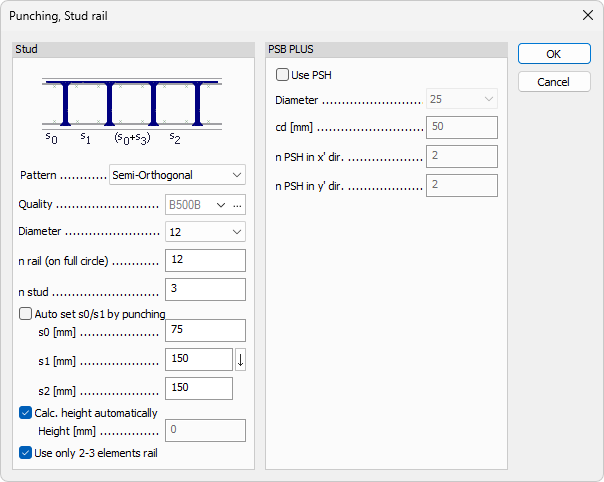 Stud rail PSB PLUS default settings dialogue