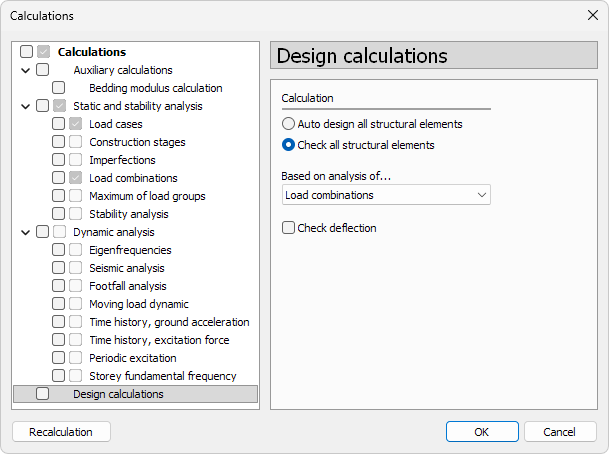 Design calculations dialogue