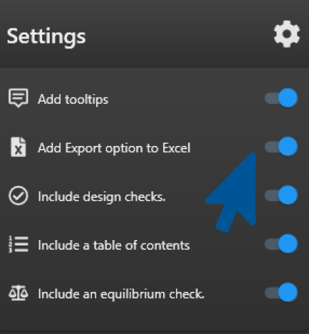Toggling the Excel export options