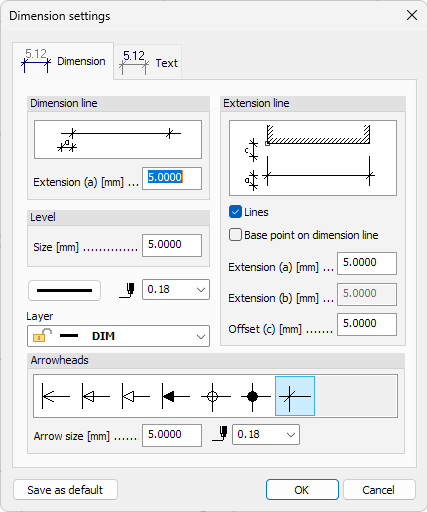 Default settings dialogue for lines