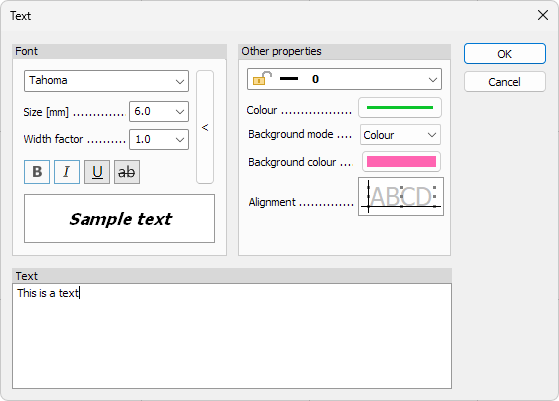 Default settings dialogue for texts