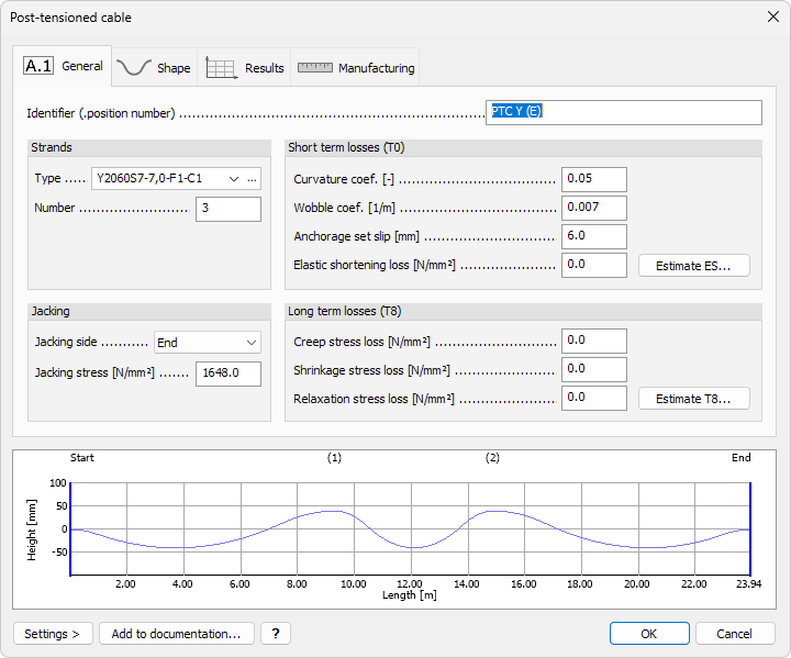 Post-tensioned cable Default settings dialogue General tab